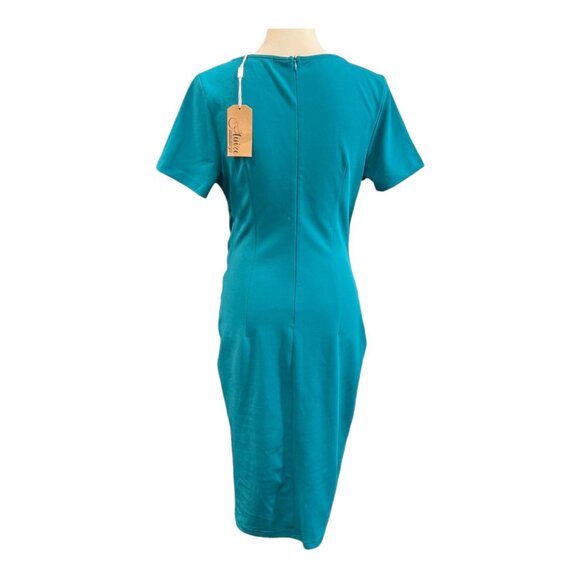 Aisire Vintage Redefined Dress Womens M Teal Chiffon Midi Faux Wrap Waist Ruffle - Picture 3 of 10